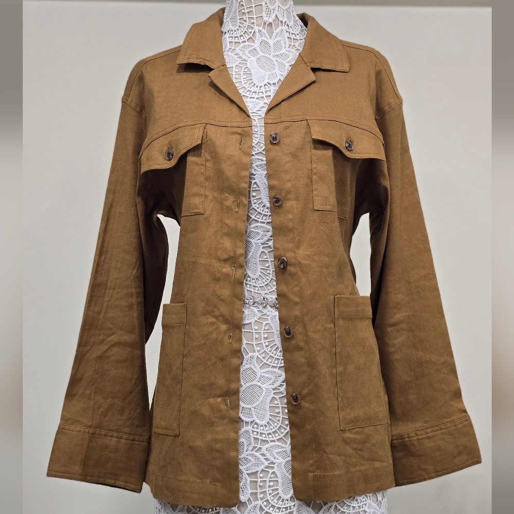 Halston Linen Blend Button Down Belted Shacket Sz L - Picture 10 of 12